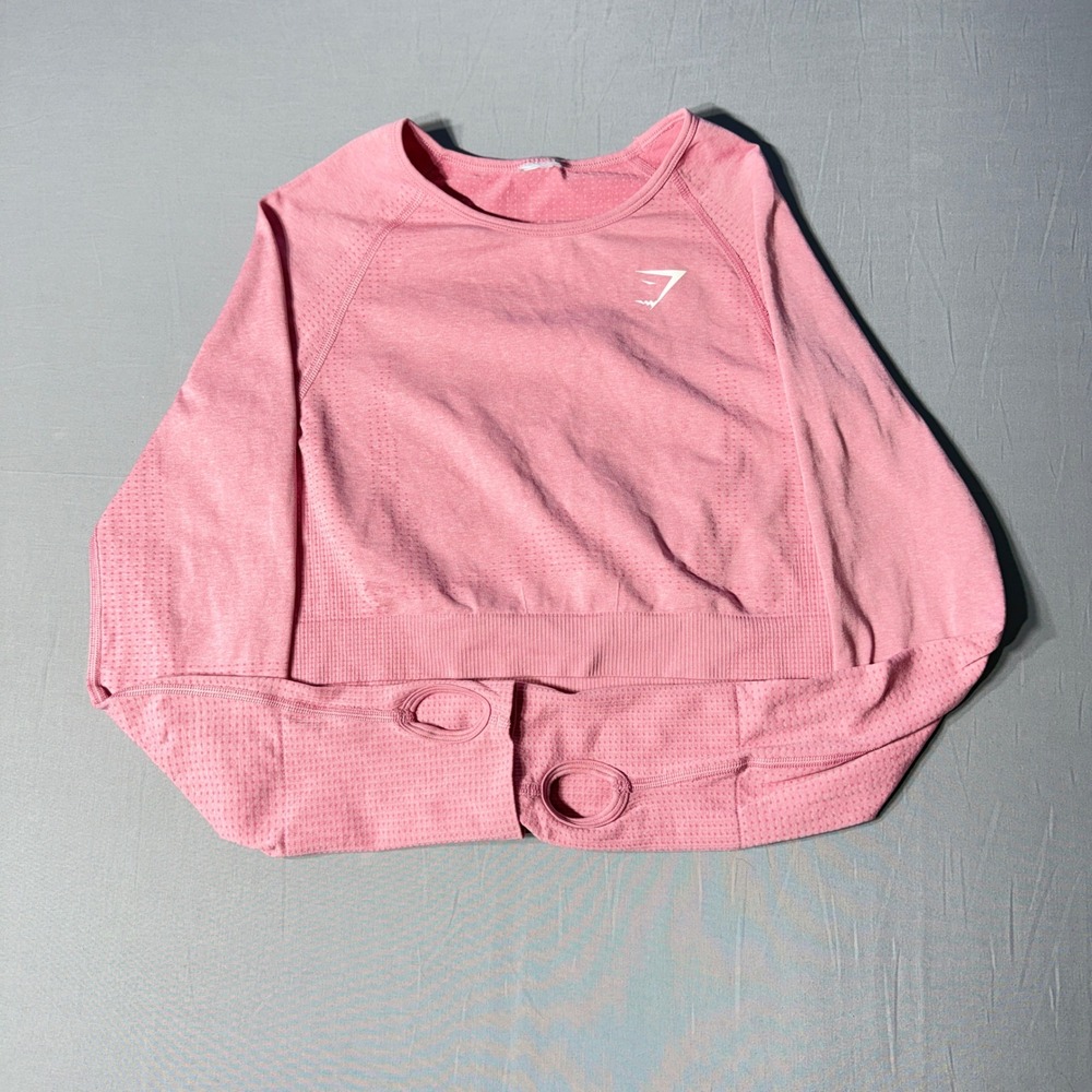 Gymshark Vital Seamless Long Sleeve Crop Top Pink Marl Thumbholes Womens Small